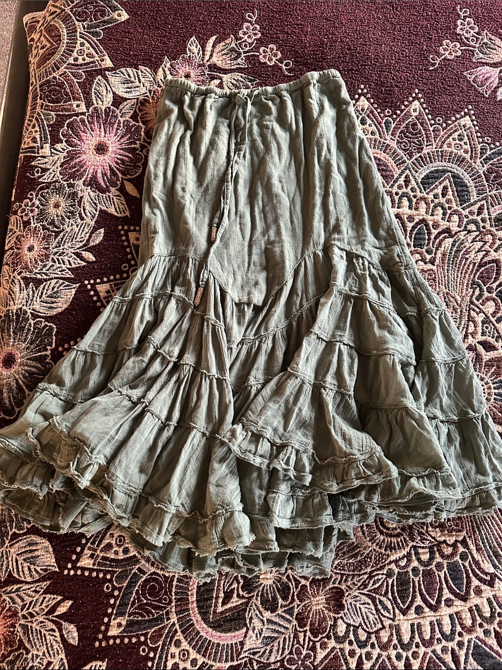 Bohemian Tiered Ruffle Maxi Skirt - Olive Green